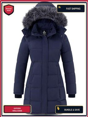 Women's Warm Winter Long Puffer Jacket with Faux Fur Hood, Waterproof Down Coat